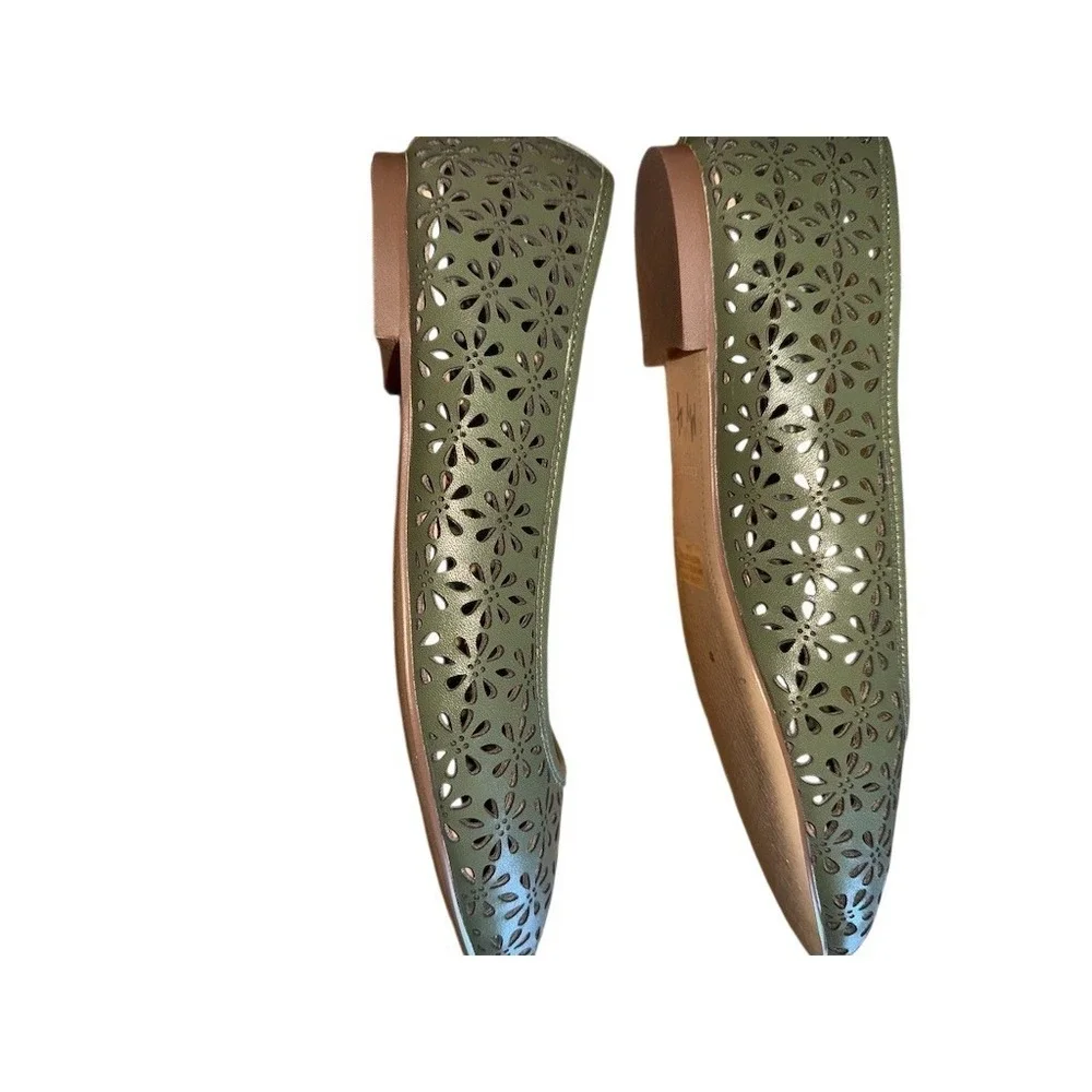 TALBOTS Ansly Perforated Nappa Ballet Flats OLIVE‎ LEAF 6.5M laser cut floral